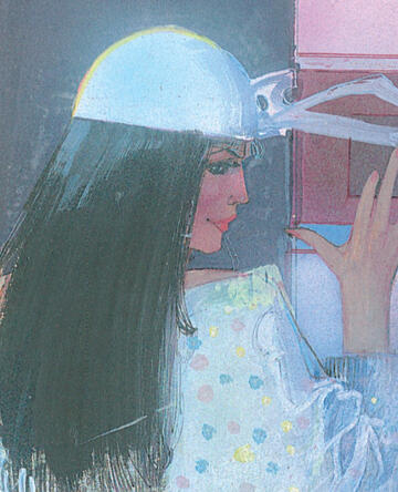 A panel from Elektra: Assassin of Elektra dressed in a loose light blue off-the-shoulder dress and a light blue cap. She's looking over her shoulder and smiling evilly.