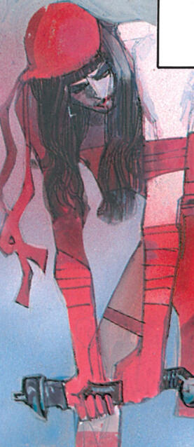 A panel from Elektra: Assassin. Elektra is wearing her classic outfit and leaning over severely.